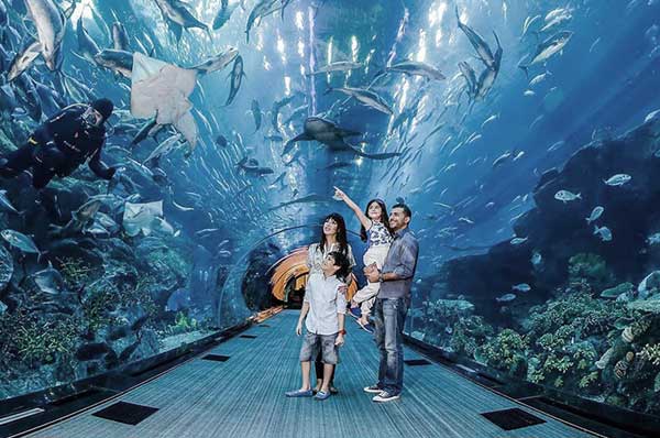 Familia en Dubai Dubai Aquarium mirando peces 