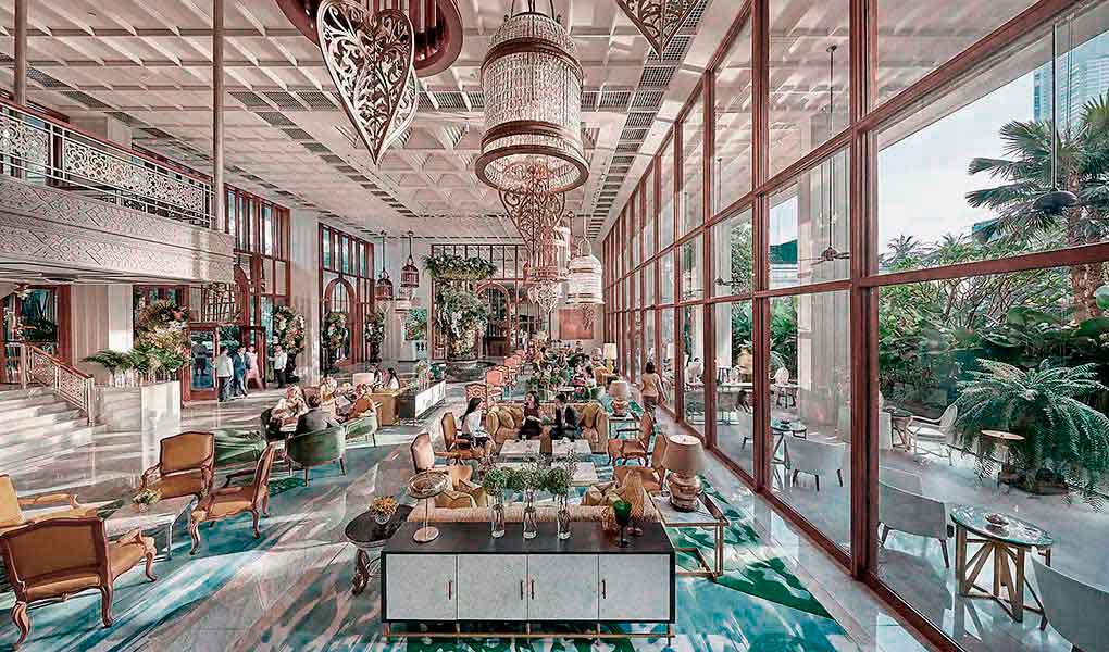 Lobby vistas a los jardines hotel de lujo Mandarin Oriental Bangkok