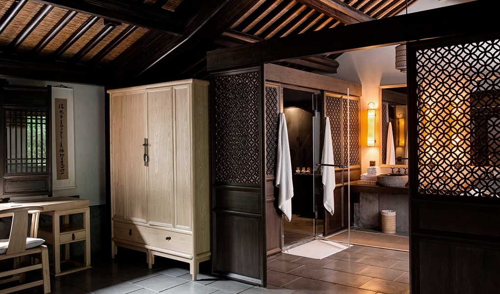 Paneles de madera habitación hotel Amanfayun en China