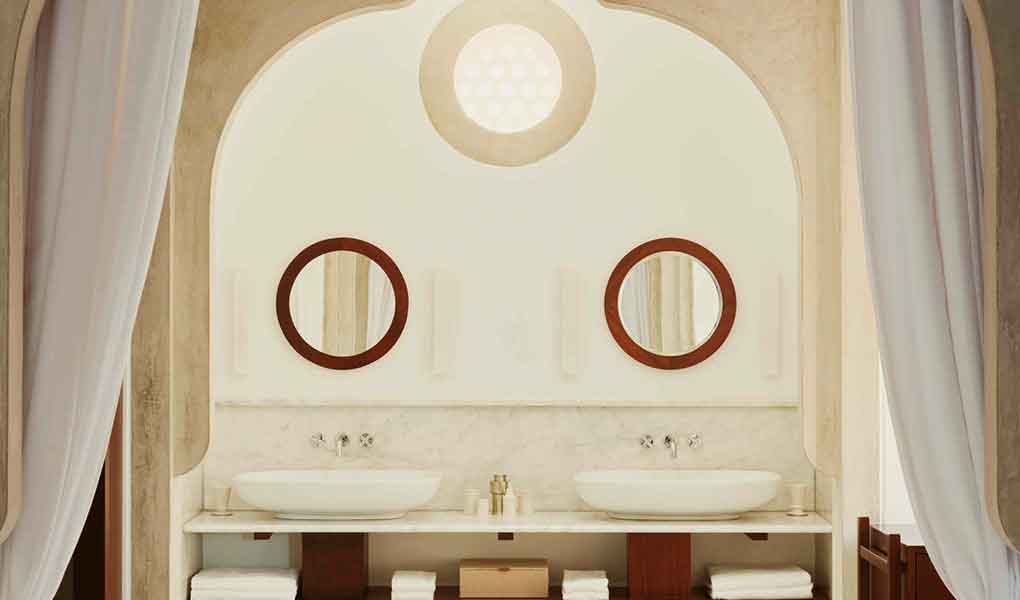 Diseño del baño de la villa privada de lujo en Bodrum Turquí hotel Amanruya con mármol de Mármara
