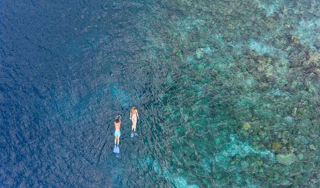 Pareja en el mar de Maldivas haciendo snorkel hotel Baros Maldives