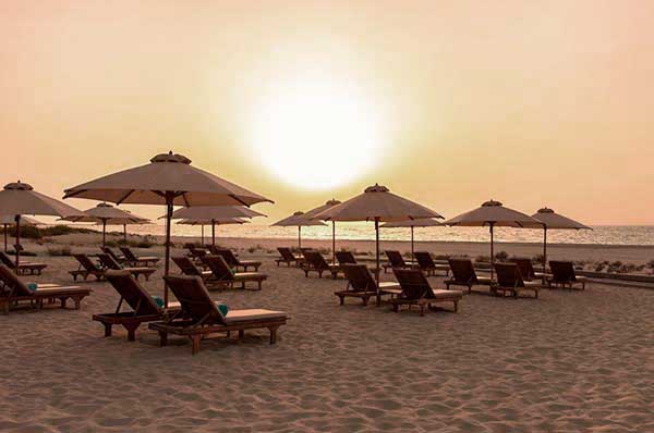 Playa y palmeras al atardecer Abu Dhabi en el mar