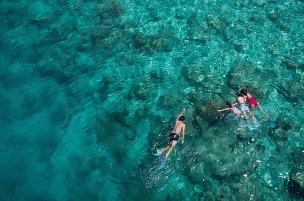 Familia haciendo snorkel Maldivas hotel Anantara Dhigu vista desde arriba
