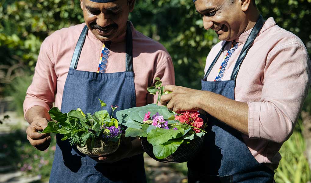 Personas en la huerta del hotel