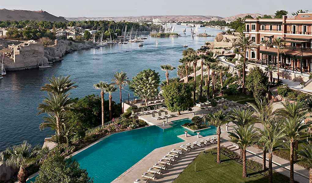 Vistas aéreas del hotel Sofitel Legend Old Cataract Aswan y el rio Nilo