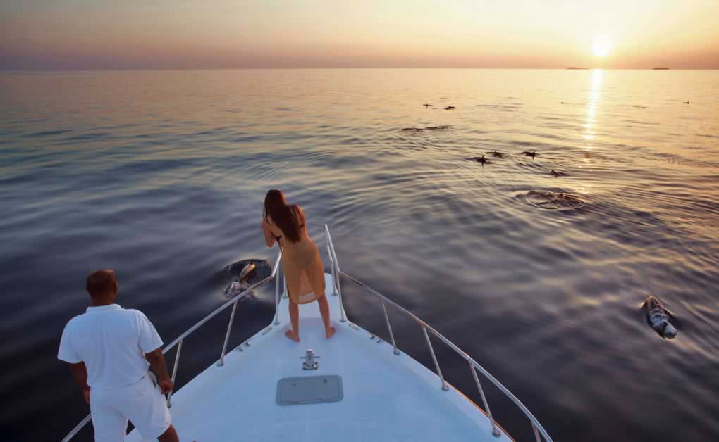 Yate privado  Soneva in Aqua al atardecer delfines en mar Maldivas
