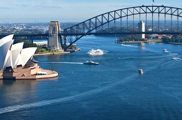 Vista aérea de la ópera de Sydney y Harbour Bridge