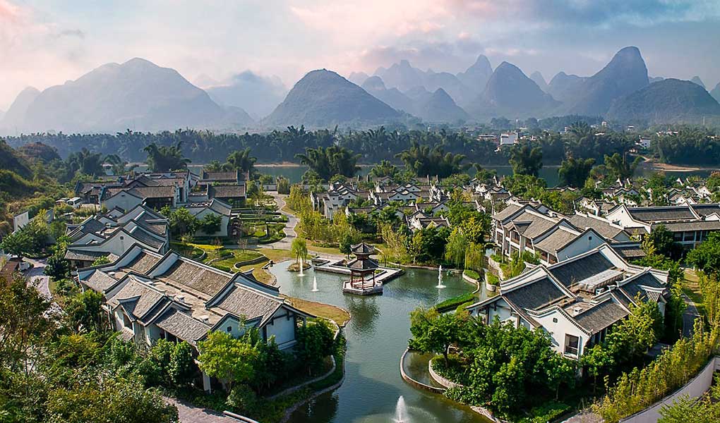 Vistas aéreas y del horizonte Guilin hotel de lujo Banyan Tree Yangshuo