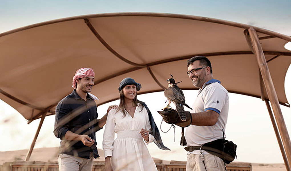 Personas interactuando halcón en desierto de Dubai