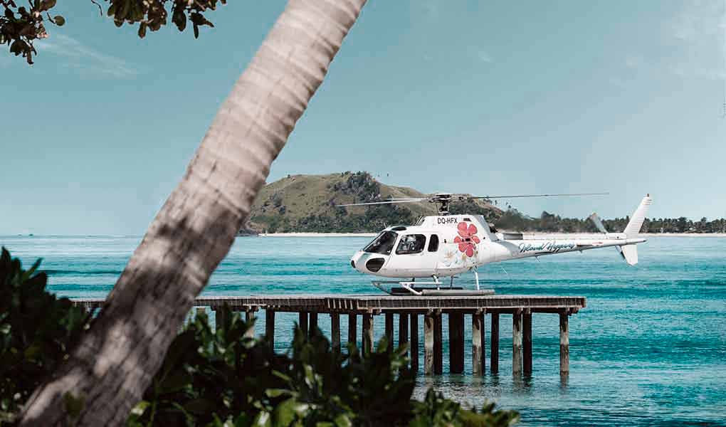 Helicóptero llegando a Fiji hotel lujo Tokoriki island resort