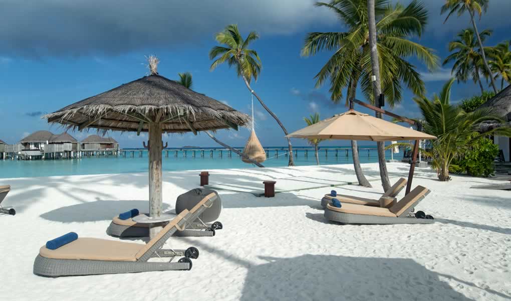 Tumbonas y Playa arena blanca Constance Halaveli Maldivas 