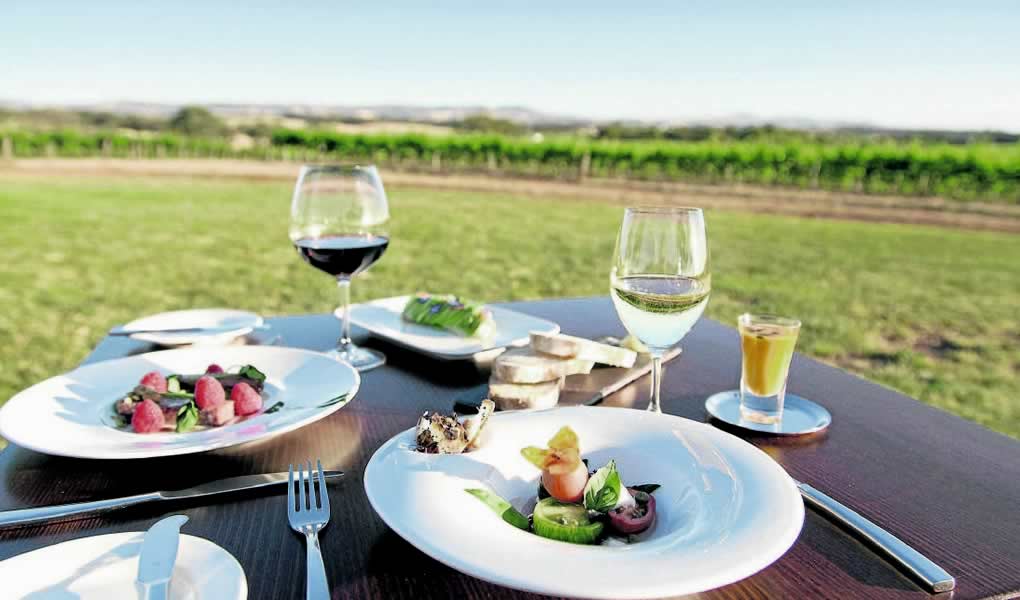 Aperitivo con vino mesa con vistas a los viñedos en The Louise Barossa Valley