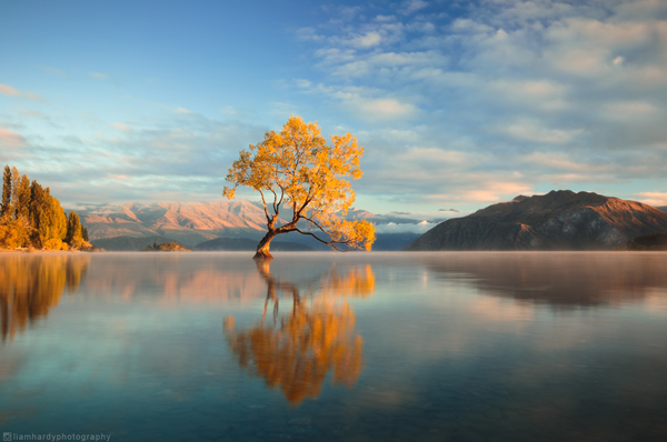 Wanaka lago espejado con colores del atardecer y montañas de fondo